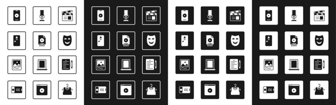 Set Movie clapper, FLV file document, Backstage, Online play video, Comedy theatrical mask, Microphone, Scenario and Photo frame icon. Vector