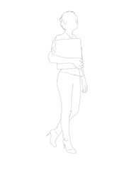 Drawing of fashionable young woman walking with folder with documents in hand. Vector of girl walk. Drawing Illustration of Young Woman. isolated, sketch, contour girl, woman walking.