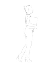 Drawing of fashionable young woman walking with folder with documents in hand. Vector of girl walk. Drawing Illustration of Young Woman. isolated, sketch, contour girl, woman walking.