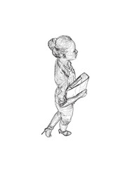 Drawing of fashionable young woman walking with folder with documents in hand. Vector of girl walk. Drawing Illustration of Young Woman. isolated, sketch, contour girl, woman walking.