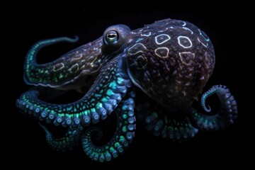 deep-sea octopus, surrounded by swirls of bioluminescence, created with generative ai
