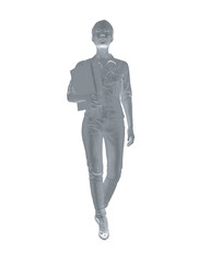 Polygonal drawing of fashionable young woman walking with folder with documents in hand. Vector of girl walk. Drawing Illustration of Young Woman. isolated, sketch, contour girl, woman walking. 3D..