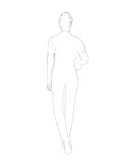 Drawing of fashionable young woman walking with folder with documents in hand. Vector of girl walk. Drawing Illustration of Young Woman. isolated, sketch, contour girl, woman walking.