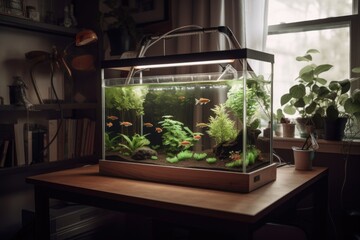 hydroponic garden growing in home office, with fish swimming overhead, created with generative ai