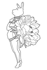 Cute cartoon rabbit. Humanization of the character. Illustration with peon flower. Coloring page. Black line.