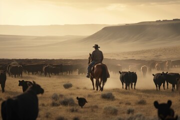 cowboy on horseback, leading his herd through the open plains, created with generative ai