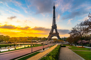 Sunrise behind the Eiffel Tower. Spring morning in Paris, France