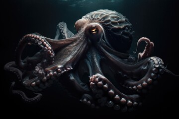 giant octopus hiding in the darkness, its tentacles glowing in the blackness, created with generative ai - obrazy, fototapety, plakaty