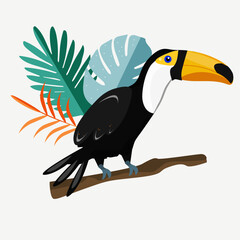 toucan bird on a branch with tropical leaves