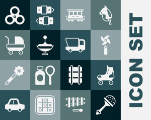 Set Rattle baby toy, Roller skate, Pinwheel, Passenger train cars, Whirligig, Baby stroller, Fidget spinner and Toy truck icon. Vector