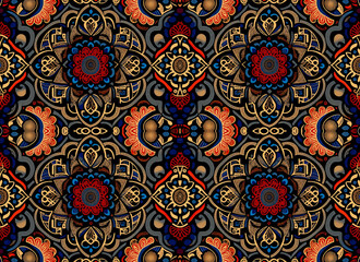 Ornamental rapport Seamless with textures of beautiful flowers in lines and relief. Pattern endless of linear flowers with medallions shapes for repetitive rapport in black background. Generative AI