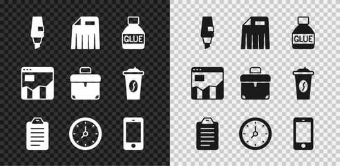 Set Marker pen, Paper shredder, Glue, To do list or planning, Clock, Mobile phone, Graph chart infographic and Briefcase icon. Vector