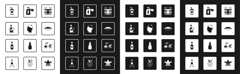 Set Notre Dame de Paris, French man, Wine bottle with glass, Coffee cup to go, Smiling lips, Perfume, Scooter and Champagne icon. Vector