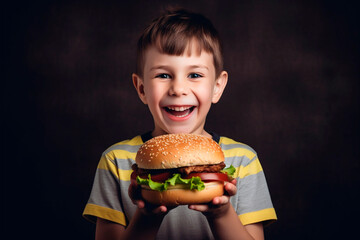 Smiling European boy holding big hamburger created with Generative AI technology