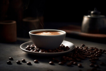 Coffee with milk and coffee beans on a table created with Generative AI technology