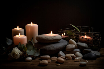 Fototapeta na wymiar White rose, candles and stones for relax created with Generative AI technology