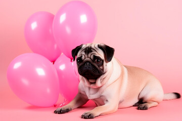 Pug sitting near pink balloons on a pink background created with Generative AI technology