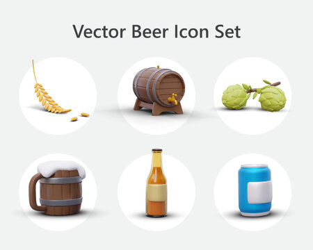 Set of 3D icons on beer theme. Vector images of packaging and ingredients for advertising beer. Realistic wooden barrel, glass bottle, cones of green hops, ear of wheat, can, mug with foamy drink