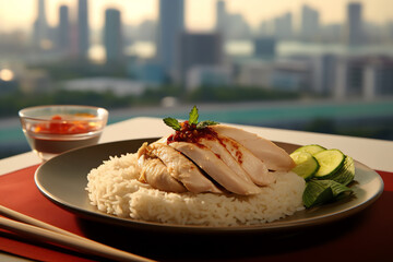 a traditional Singaporean chicken rice with singapore city background. generative AI