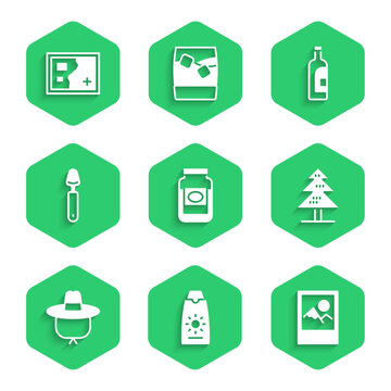 Set Jam jar, Sunscreen cream in tube, Photo frame, Tree, Camping hat, Spoon, Bottle of wine and Folded map icon. Vector