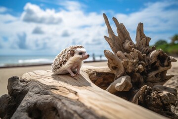 exotic pet with view of beach, surrounded by driftwood and seashells, created with generative ai - obrazy, fototapety, plakaty