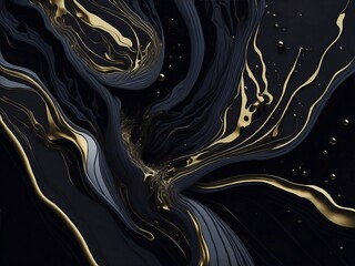 abstract fluid art background texture ink black and gold mix. Generative AI illustration