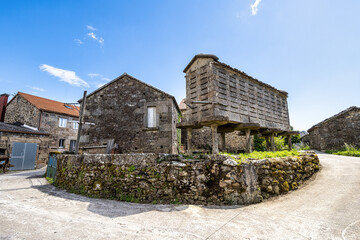 Beautiful village of Fieiro in Spain, unique for its horreos, traditional granary barns
