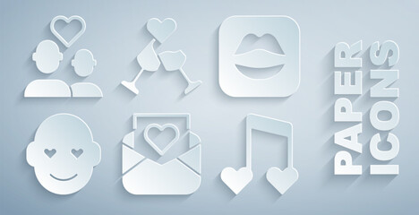 Set Envelope with Valentine heart, Smiling lips, Romantic man, Music note, tone hearts, Glass of champagne and Lover couple icon. Vector