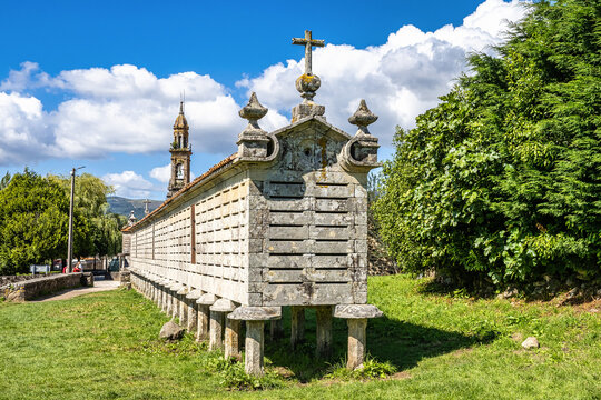 The long and narrow grain store, horreo at Carnota in Galicia, Spain.