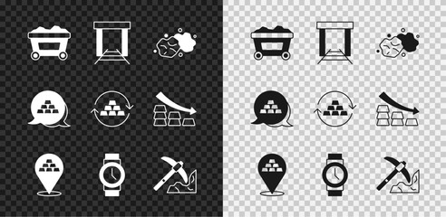 Set Mine cart with gold, Gold mine, nugget, bars, Wrist watch, mining, and exchange money icon. Vector