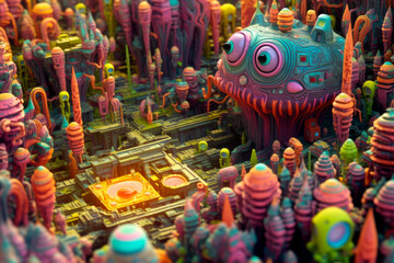 Fototapeta premium Funny little cartoon Alien, Virus, KI, in Computer, Generative AI