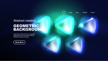 Abstract background landing page, glass geometric shapes with glowing neon light reflections, energy effect concept on glossy forms