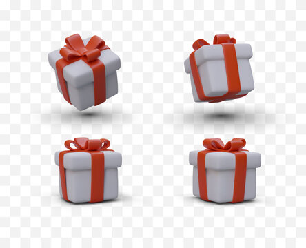 Set of 3D gift boxes with bows. Festive packaging of goods. Bonuses, surprises, additional free options. Elements for modern advertising, website design, mobile applications