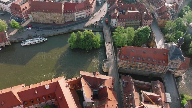 Bamberg Altes Rathaus. Aerial view of the Old town of Bamberg with the Historic Town Hall on the Regnitz, top view