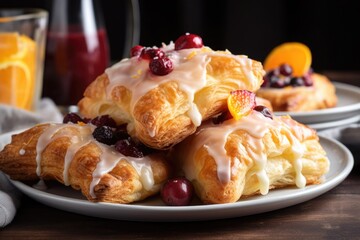 plate of flaky puff pastries with fruit filling and icing, created with generative ai