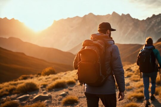 Group tourists of hiker sporty people walks in mountains at sunset with backpacks. Concept adventure with copy space. Ai generative