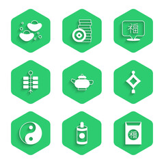 Set Chinese tea ceremony, Firework, New Year, paper lantern, Yin Yang symbol, and fortune cookie icon. Vector