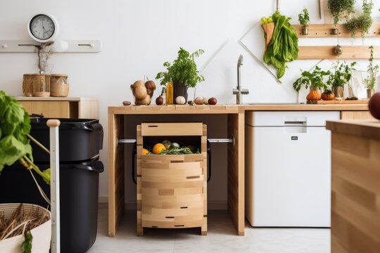 a kitchen with compost bin and worm farm, creating a sustainable ecosystem, created with generative ai