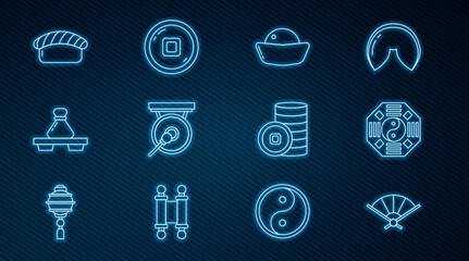 Set line Paper chinese folding fan, Yin Yang, Sushi, Gong, Dumpling cutting board, Chinese Yuan currency and icon. Vector