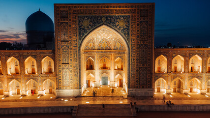 Registan Square in Samarkand Uzbekistan at night