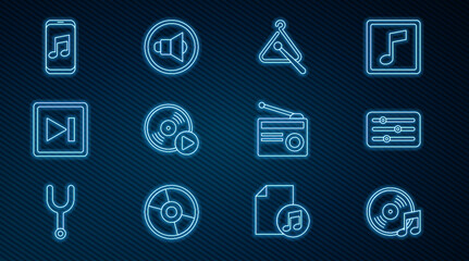 Set line Vinyl disk, Sound mixer controller, Triangle musical instrument, Fast forward, Music player, Radio with antenna and Speaker volume icon. Vector