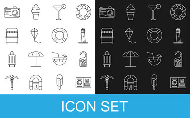 Set line Passport, Please do not disturb, Lighthouse, Martini glass, Kite, Street stall with awning, Photo camera and Lifebuoy icon. Vector