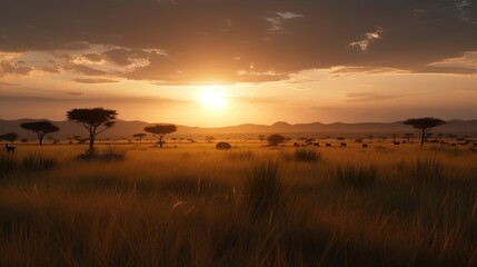 Fototapeta na wymiar Witness the awe-inspiring beauty of a vibrant sunrise over the African savanna, as the golden rays of the morning sun illuminate the vast plains. Generated by AI.