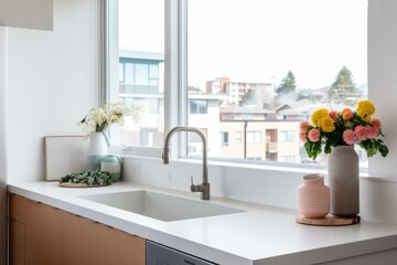 clutter-free kitchen with sleek countertops, simple appliances, and a vase of fresh flowers on the windowsill, created with generative ai
