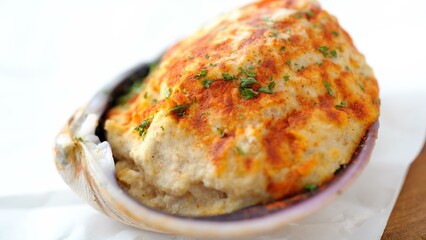 Gourmet Delight: Top Closeup View of Baked Stuffed Clam, A Delectable C Sensation