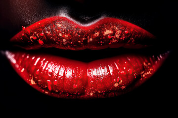 woman's mouth with open red lips with bloody gloss. Generative AI