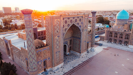Registan Square in Samarkand Uzbekistan during sunset