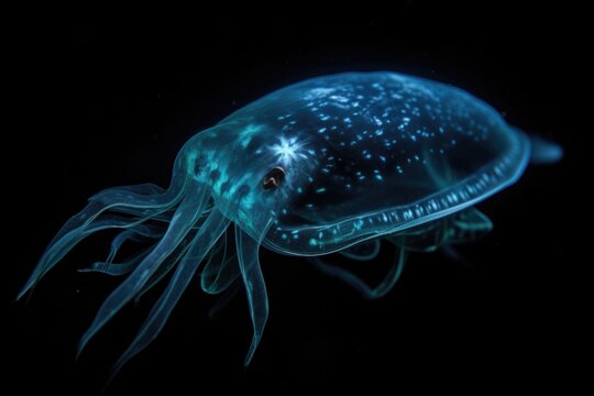 deep-sea creature hiding in the darkness, its bioluminescent skin visible only when threatened, created with generative ai