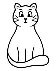 The cat is sitting. Kitten with a serious muzzle. Sketch. Vector illustration. An animal with a mustache wrapped its tail around itself. Doodle style. Coloring book for children. Cute pet. 