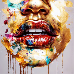 woman's face with a mouth with open red lips painted with multicolored paint with splashes. Artistic makeup poster on white background. Generative AI
